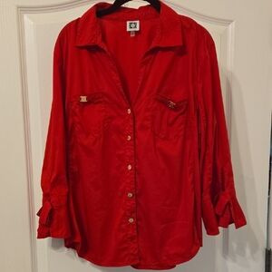 Anne Klein Vibrant Red 3/4 Sleeve Button Down Top